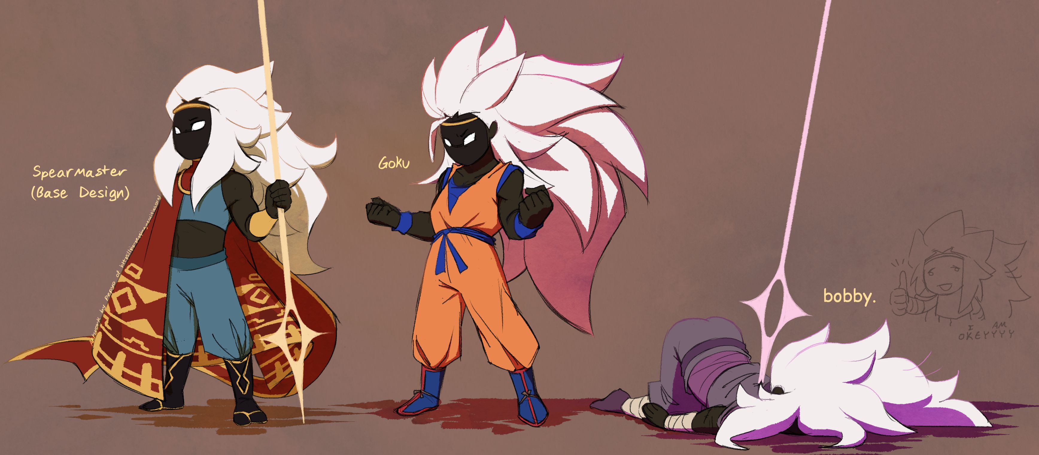 A drawing of the Spearmaster dressed as himself, Goku, and Bobby.