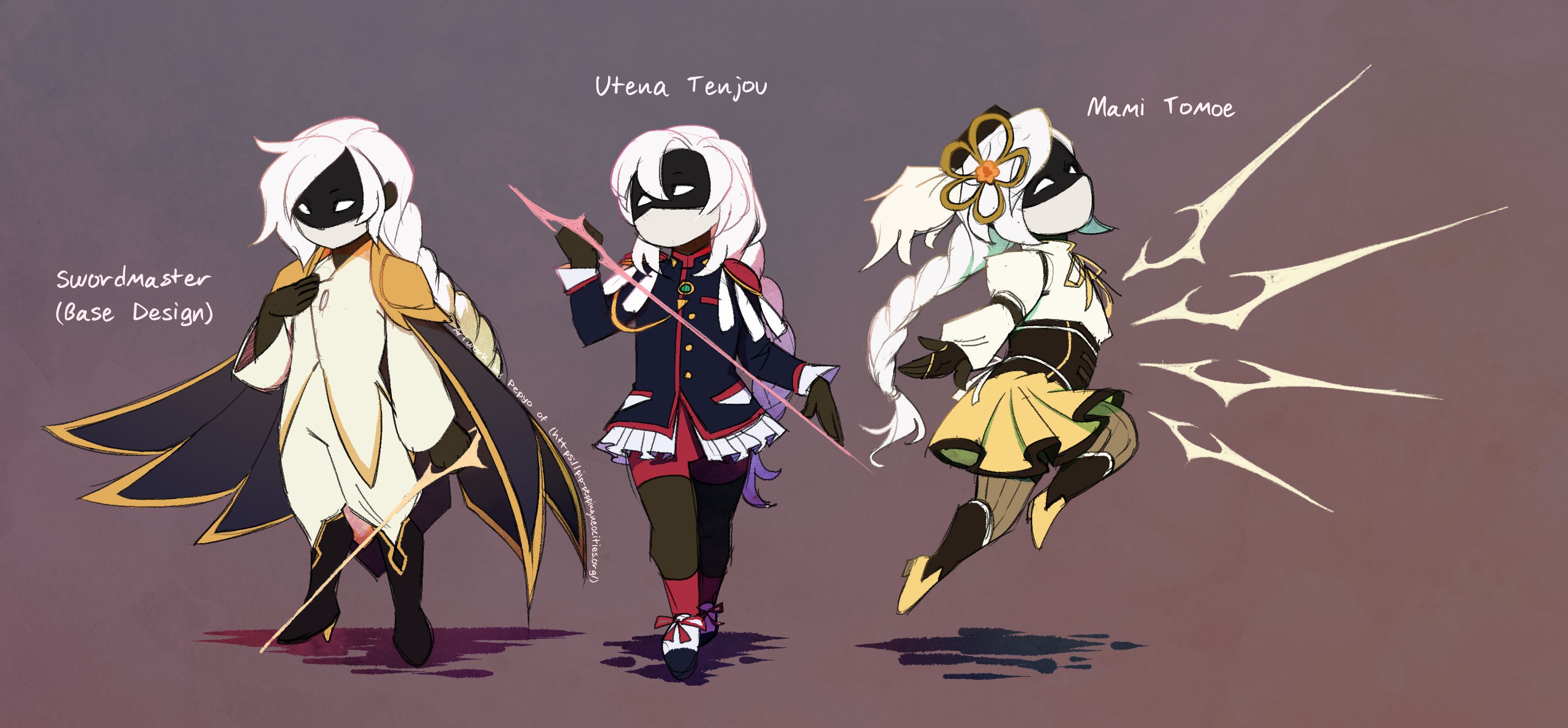 A drawing of the Swordmaster dressed as herself, Utena Tenjou, and Mami Tomoe.